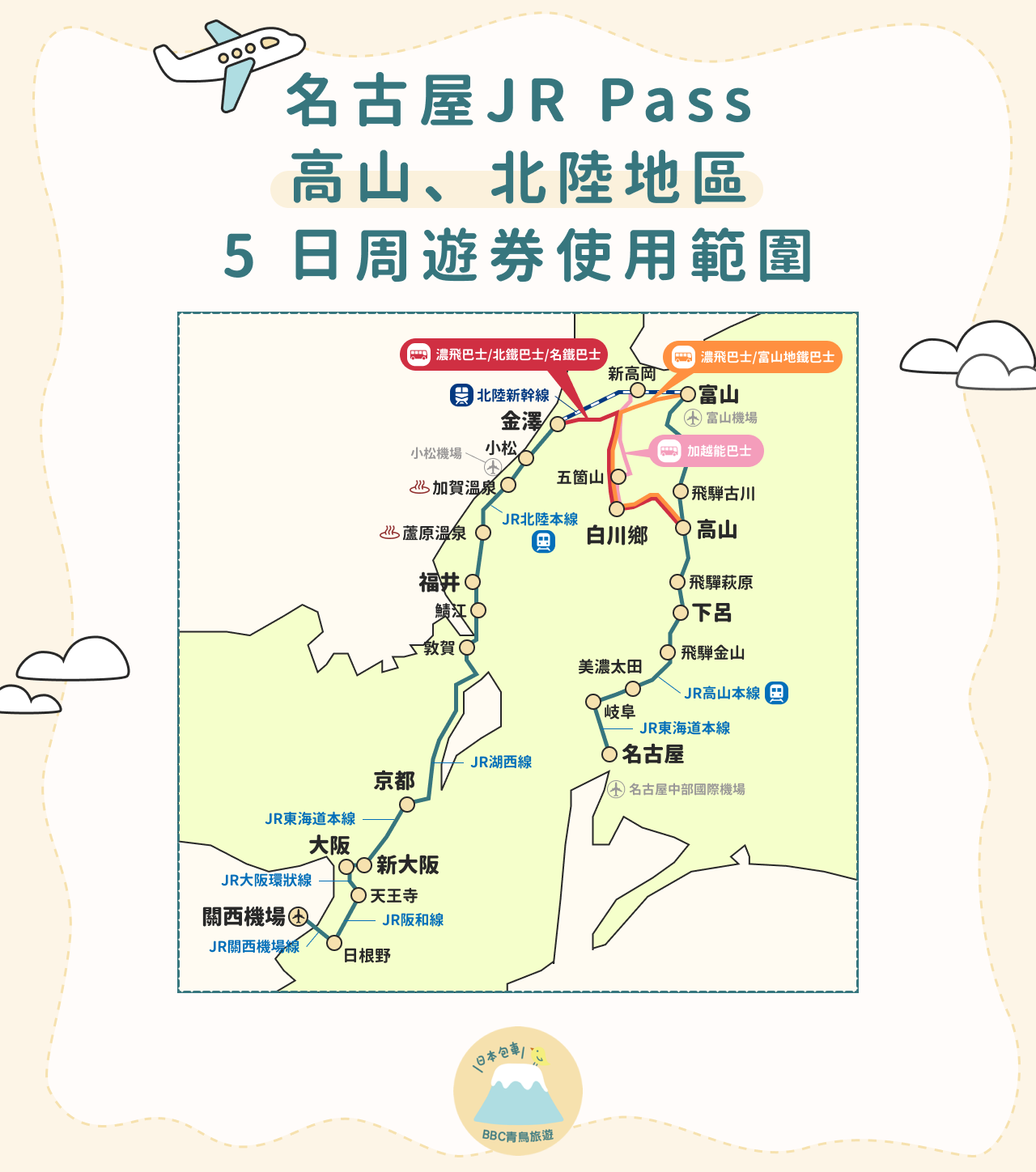 名古屋 JR Pass 高山、北陸地區 5 日周遊券使用範圍